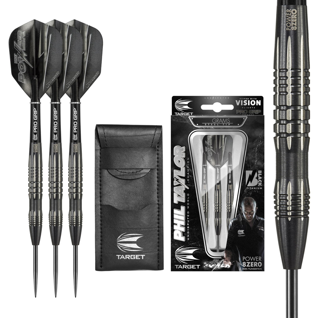 TARGET Darts Phil Taylor Power 8-Zero 3 Black Steel Tip Darts, 80% Tungsten Dart Set, P8Z3, 24G | Player Edition Darts with Fixed Points | Black Darts