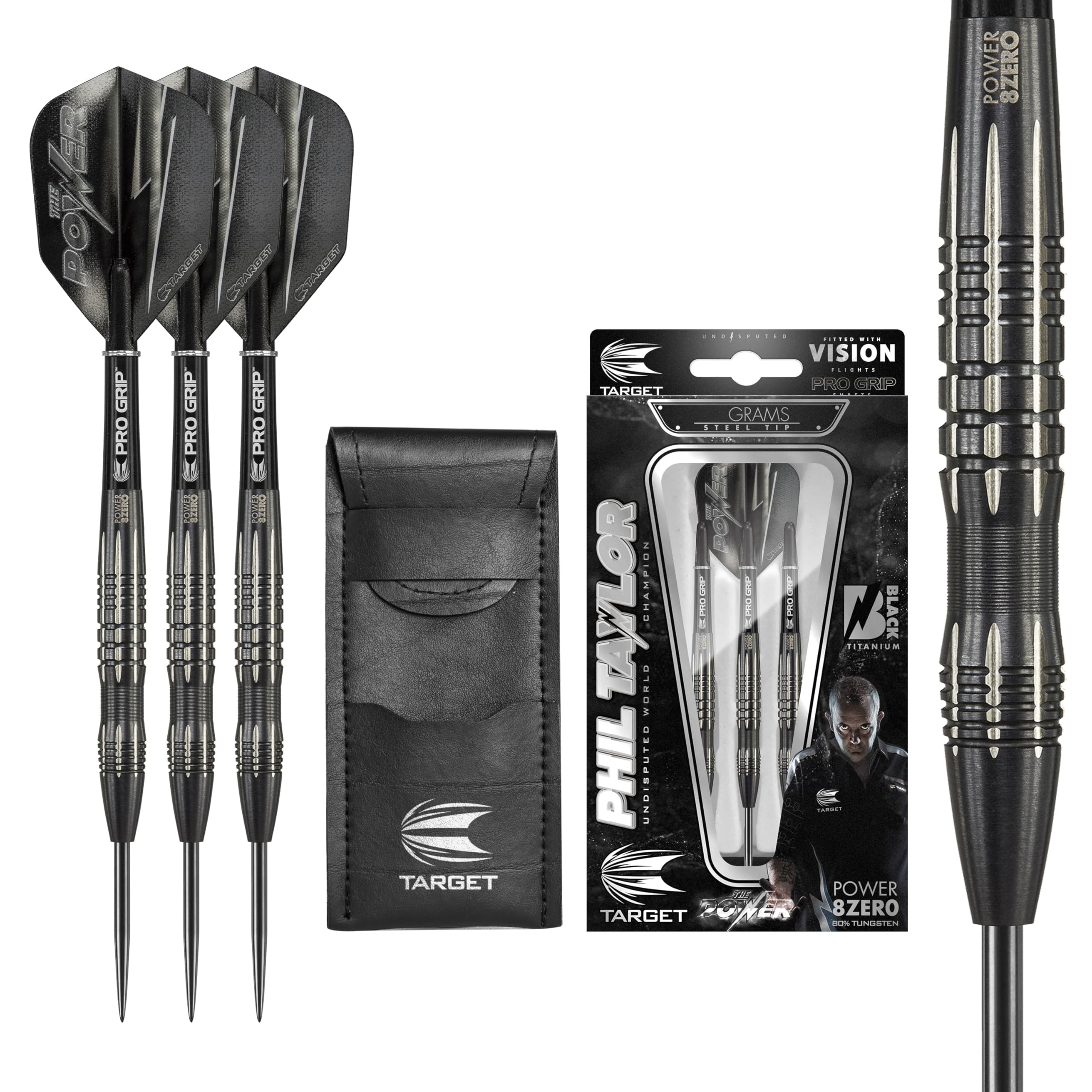 TARGET Darts Phil Taylor Power 8-Zero 3 Black Steel Tip Darts, 80% Tungsten Dart Set, P8Z3, 24G | Player Edition Darts with Fixed Points | Black Darts