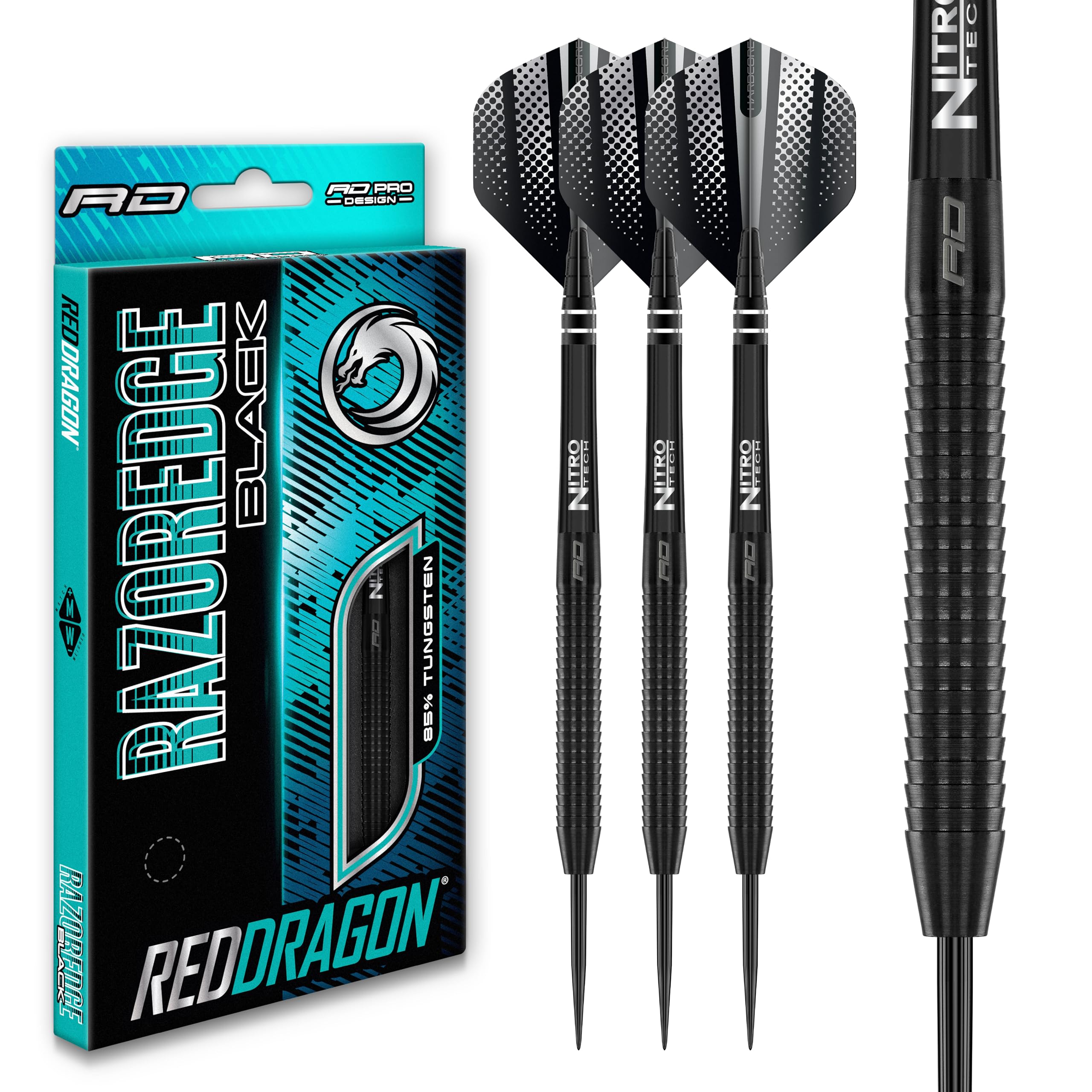 RED DRAGON Razor Edge Black 24g - Tungsten professional steel tip darts set with Dart Flights and Dart Shafts (stems)