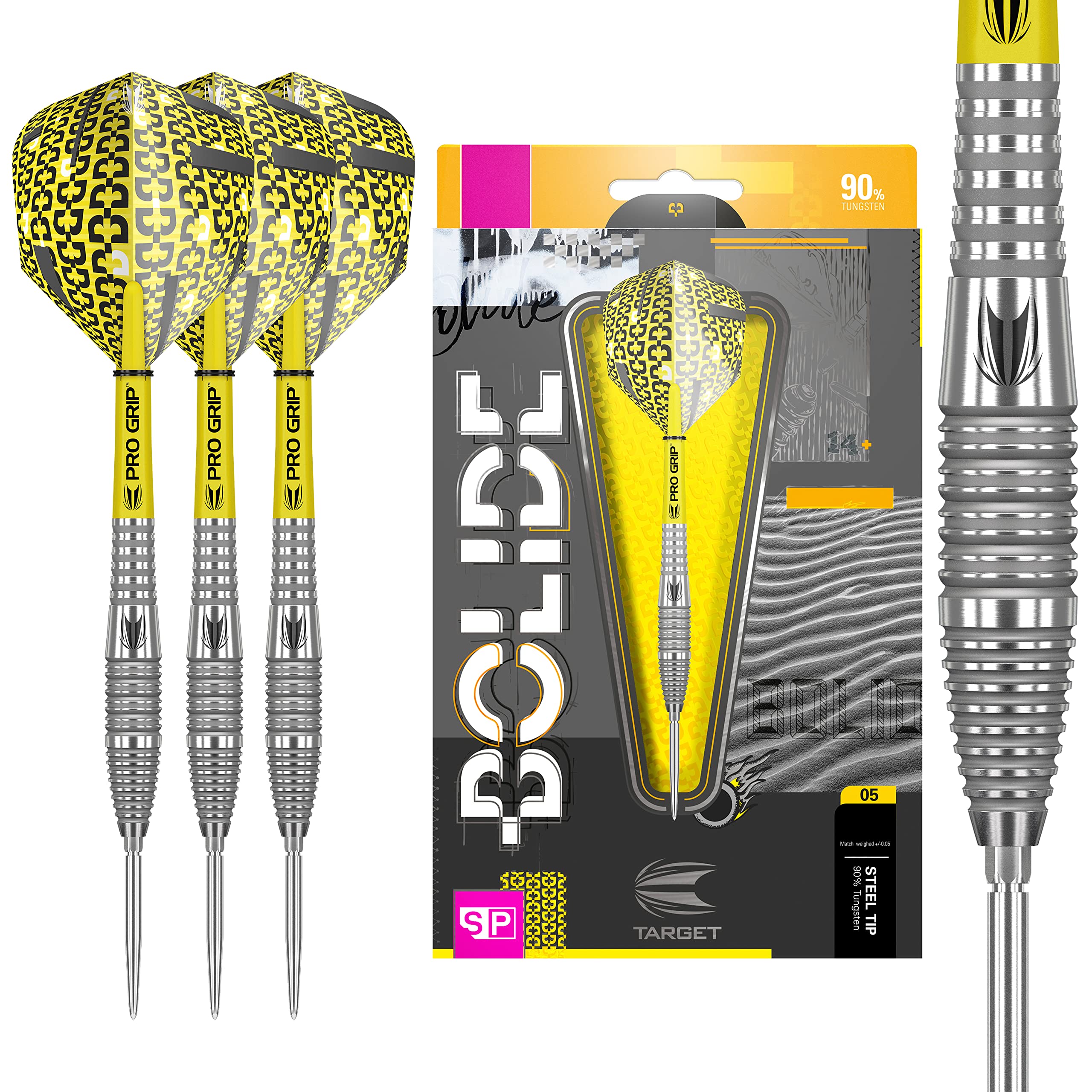 TARGET Darts Bolide 90% Tungsten Swiss Point Steel Tip Darts Set of 3, Barrel 05, 24 Grams | Featuring Pro Grip Dart Stems, Number 6 Dart Flights,