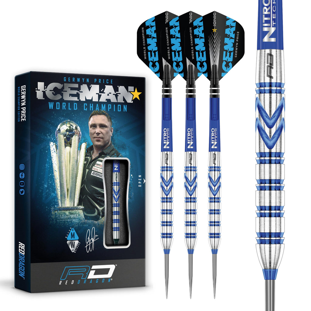 RED DRAGON Gerwyn Price Iceman Originals 24 Gram - Tungsten Steel Darts Set with Flights and Stems