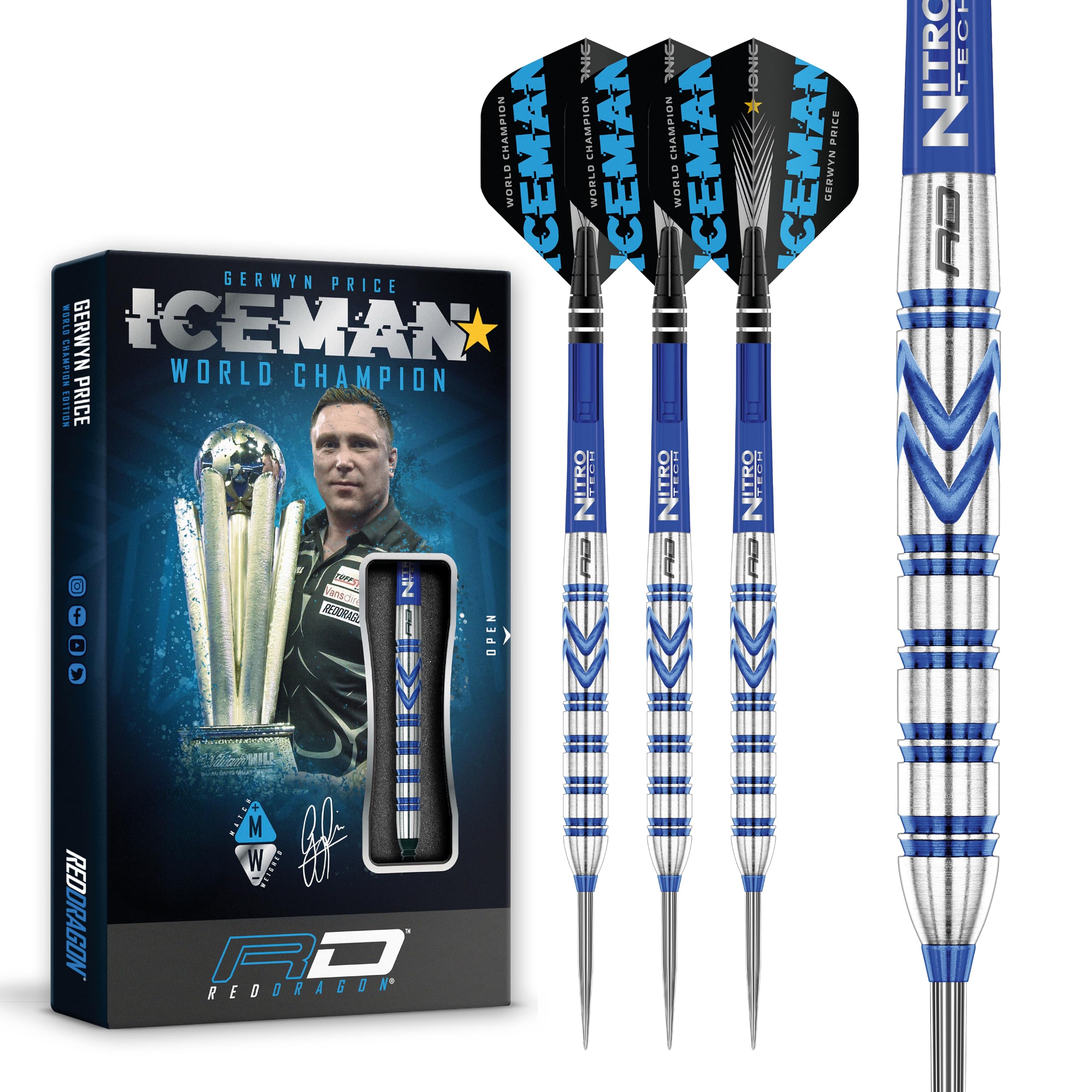 RED DRAGON Gerwyn Price Iceman Originals 24 Gram - Tungsten Steel Darts Set with Flights and Stems