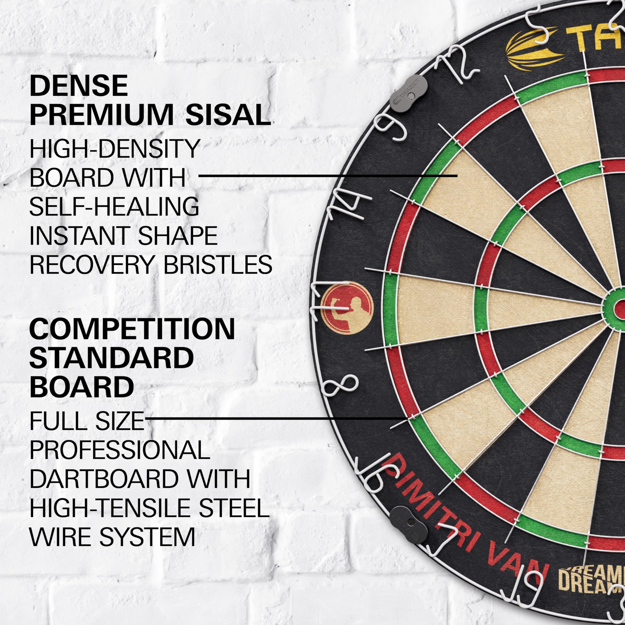 Target Darts Dimitri Van den Bergh Dartboard Set | Player Edition Dart Board Set with 2 Sets of Steel Tip Darts, Competition Standard Throw Line |