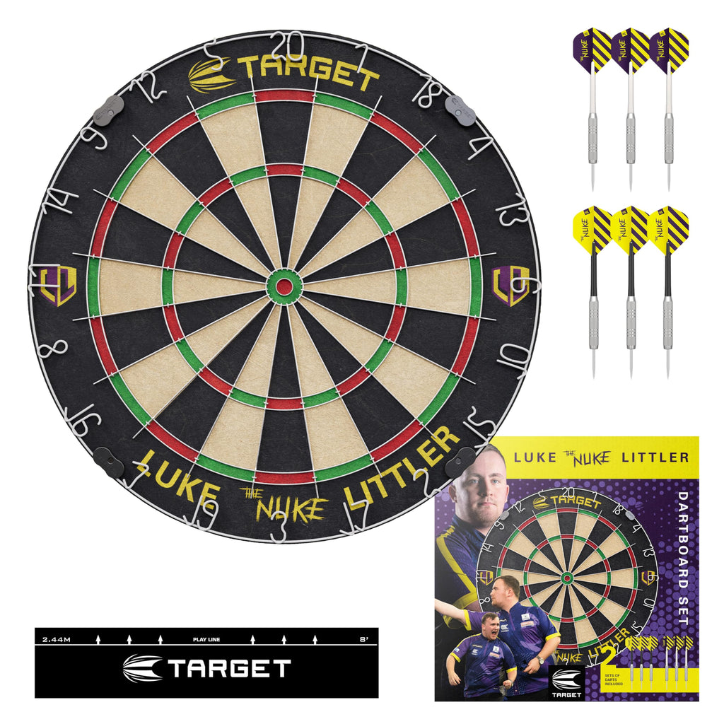 Target Darts Luke Littler Dartboard Set | Player Edition ?The Nuke? Dart Board Set with 2 Sets of Steel Tip Darts, Competition Standard Throw Line |