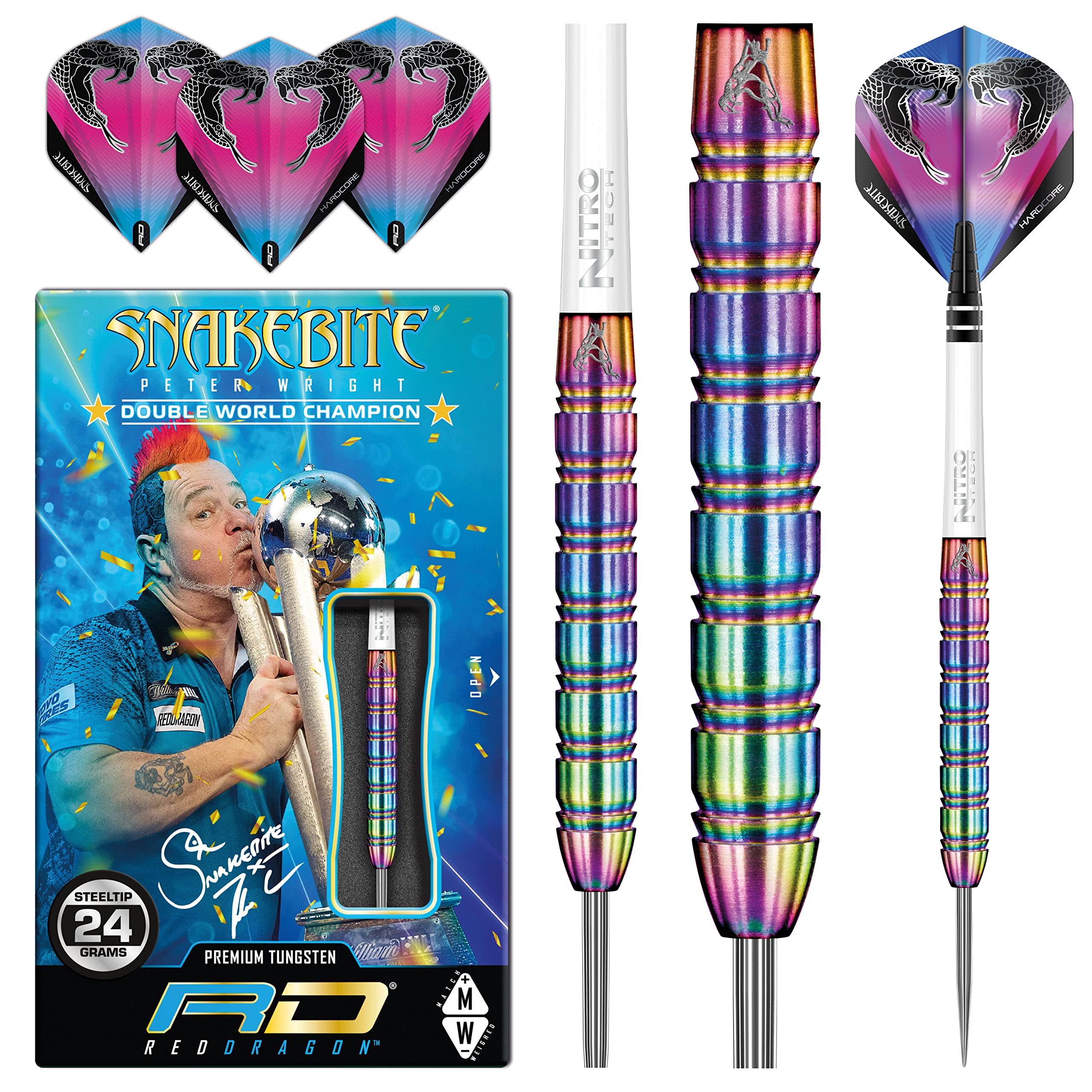 RED DRAGON Darts ? Peter Wright Snakebite 1 Series 24g ? Professional 85% Tungsten Steel Tip Darts Set with Dart Flights and Shafts