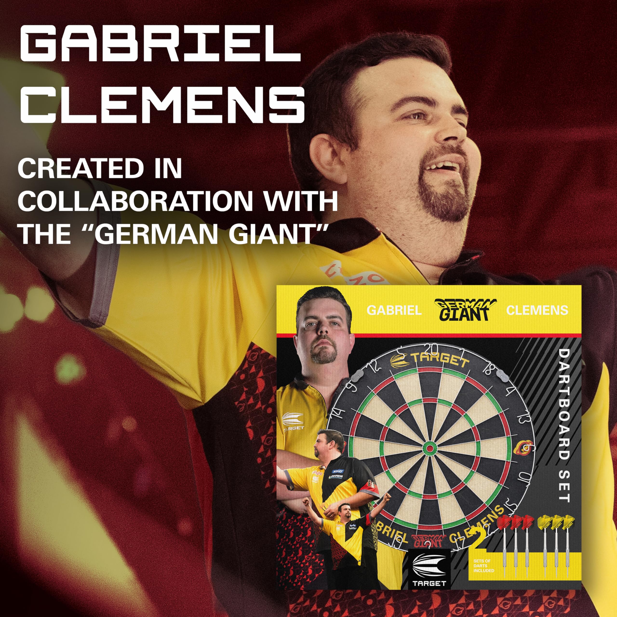 Target Darts Gabriel Clemens Dartboard Set | Player Edition Dart Board Set with 2 Sets of Steel Tip Darts, Competition Standard Throw Line |
