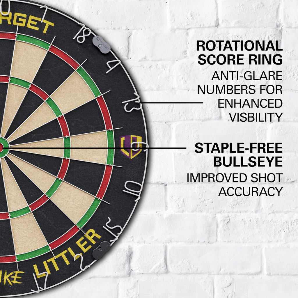 Target Darts Luke Littler Dartboard Set | Player Edition ?The Nuke? Dart Board Set with 2 Sets of Steel Tip Darts, Competition Standard Throw Line |