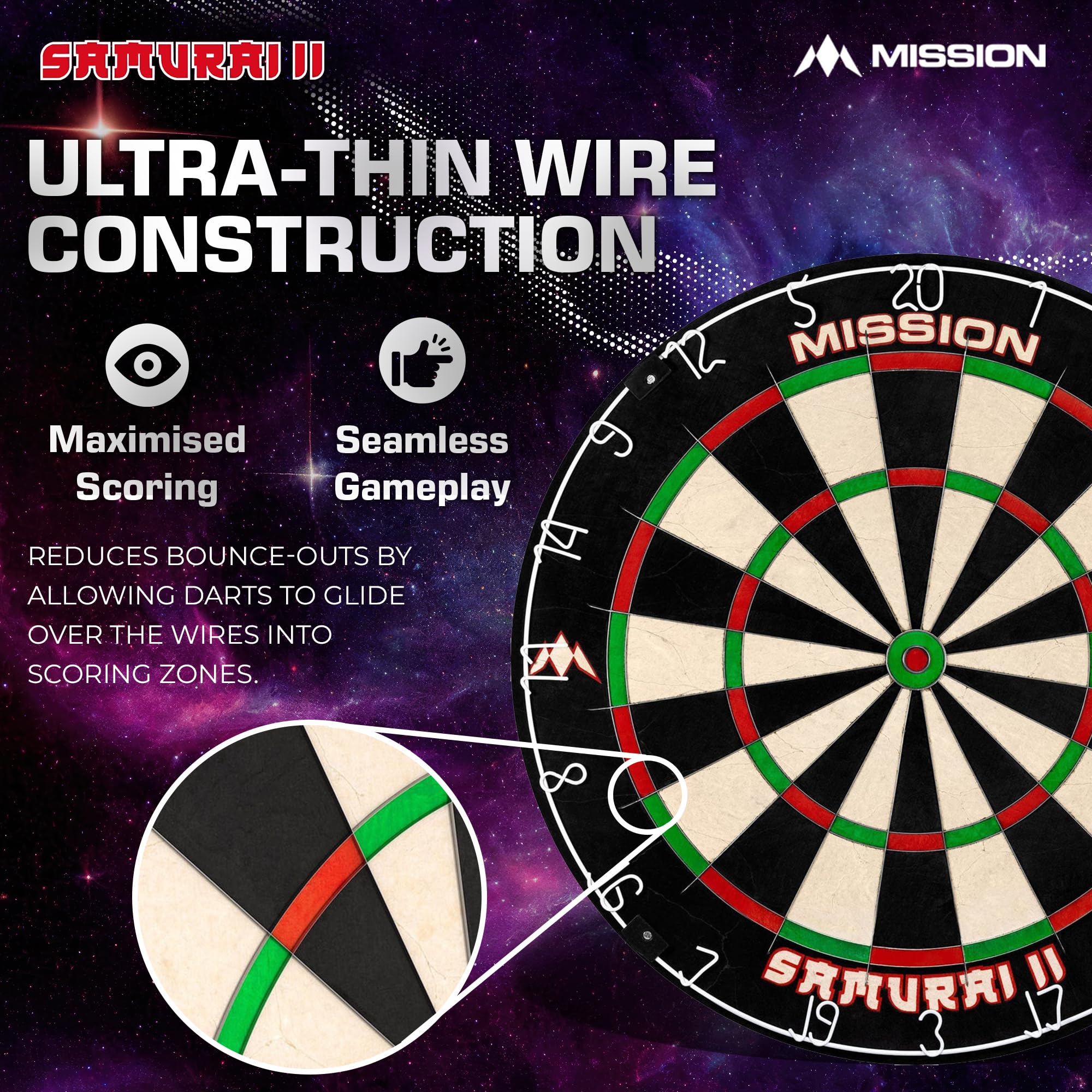 Mission Darts DB023 Samurai II | Professional Competition Standard Dartboard with Ultra Thin Wire Construction and Non Fade Colours