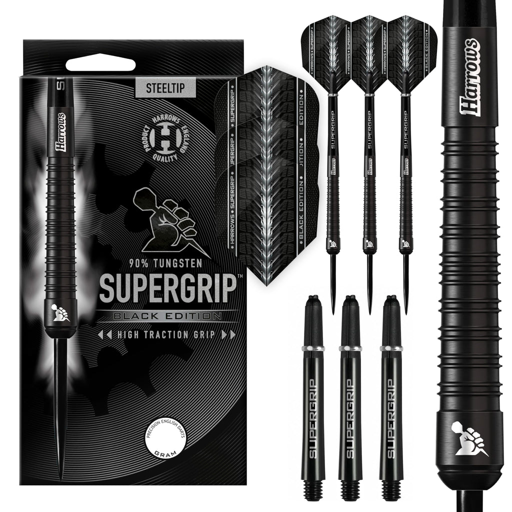 Harrows SUPERGRIP BLACK EDITION 90% Tungsten Steel Tip Darts Set. Available in 21g, 22g, 23g, 24g, 25g, 26g, 28g & 30g - Includes Supergrip Shafts &