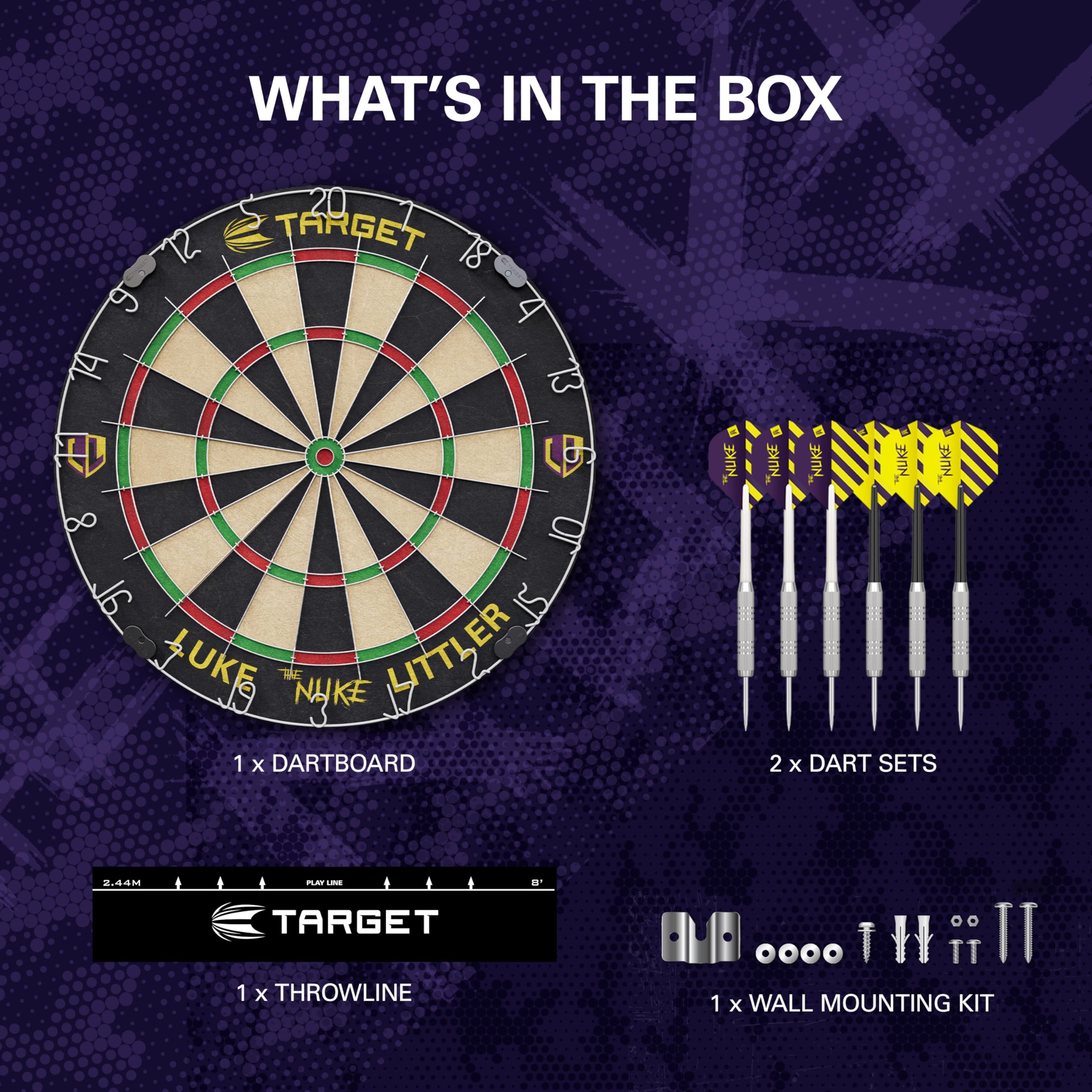 Target Darts Luke Littler Dartboard Set | Player Edition ?The Nuke? Dart Board Set with 2 Sets of Steel Tip Darts, Competition Standard Throw Line |