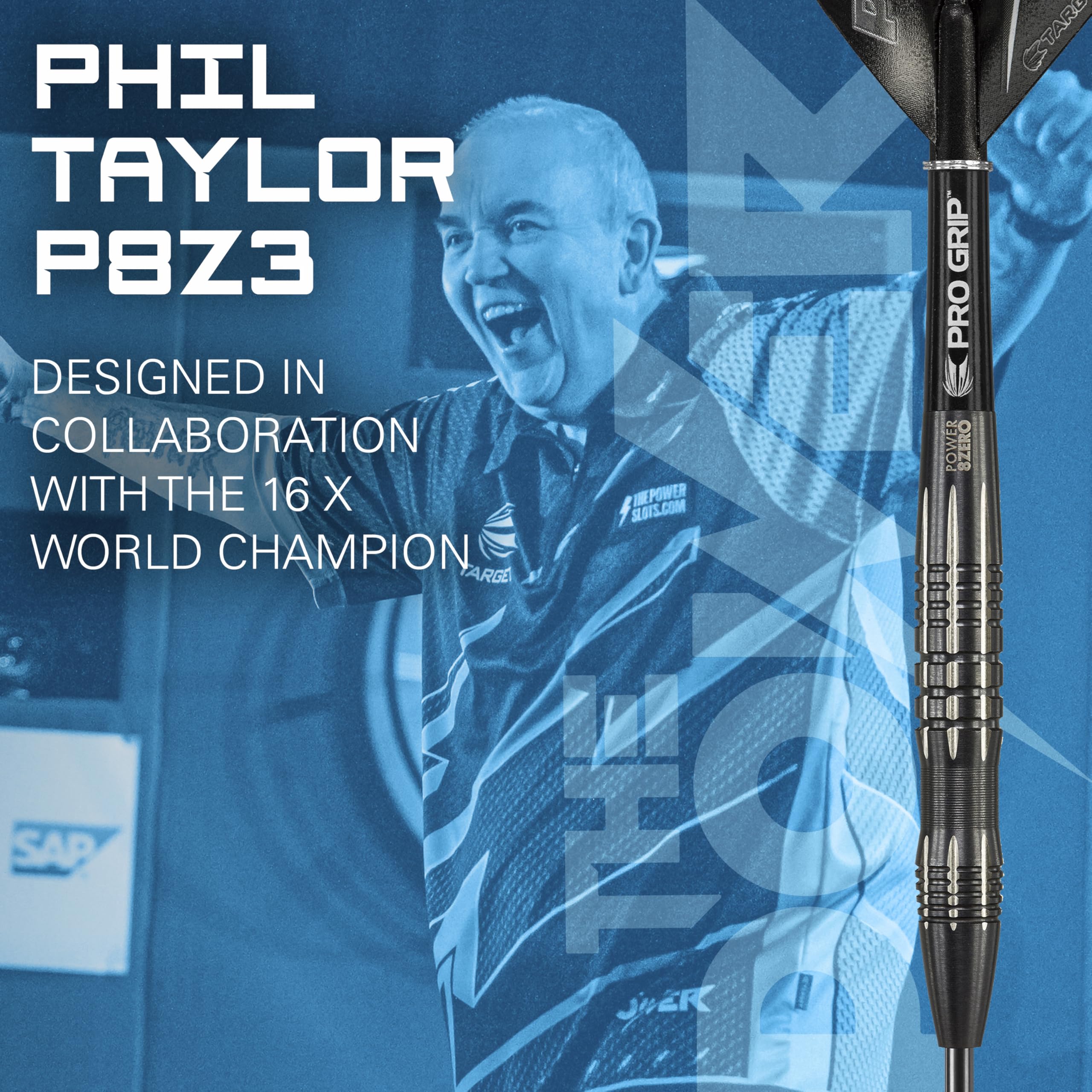 TARGET Darts Phil Taylor Power 8-Zero 3 Black Steel Tip Darts, 80% Tungsten Dart Set, P8Z3, 24G | Player Edition Darts with Fixed Points | Black Darts