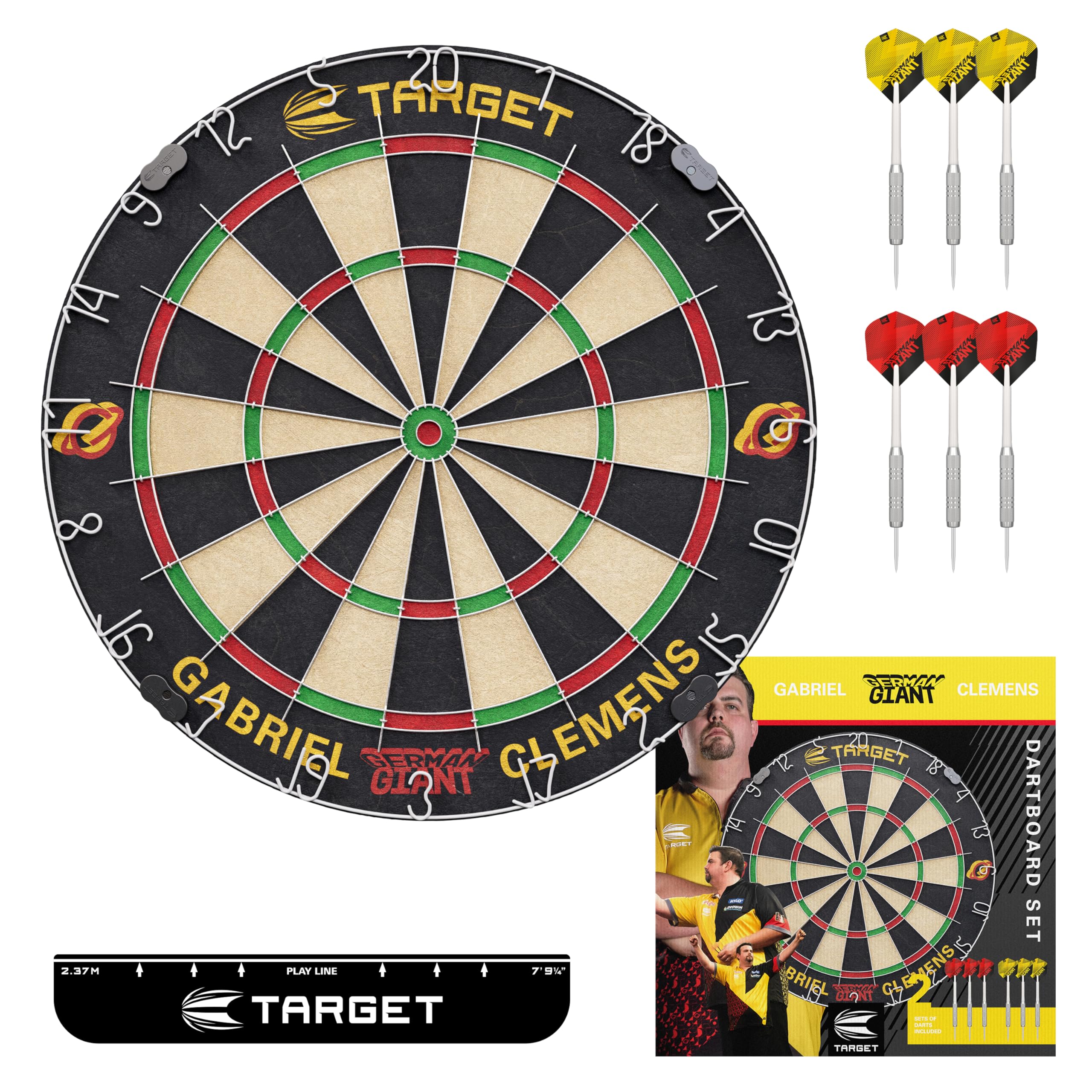 Target Darts Gabriel Clemens Dartboard Set | Player Edition Dart Board Set with 2 Sets of Steel Tip Darts, Competition Standard Throw Line |